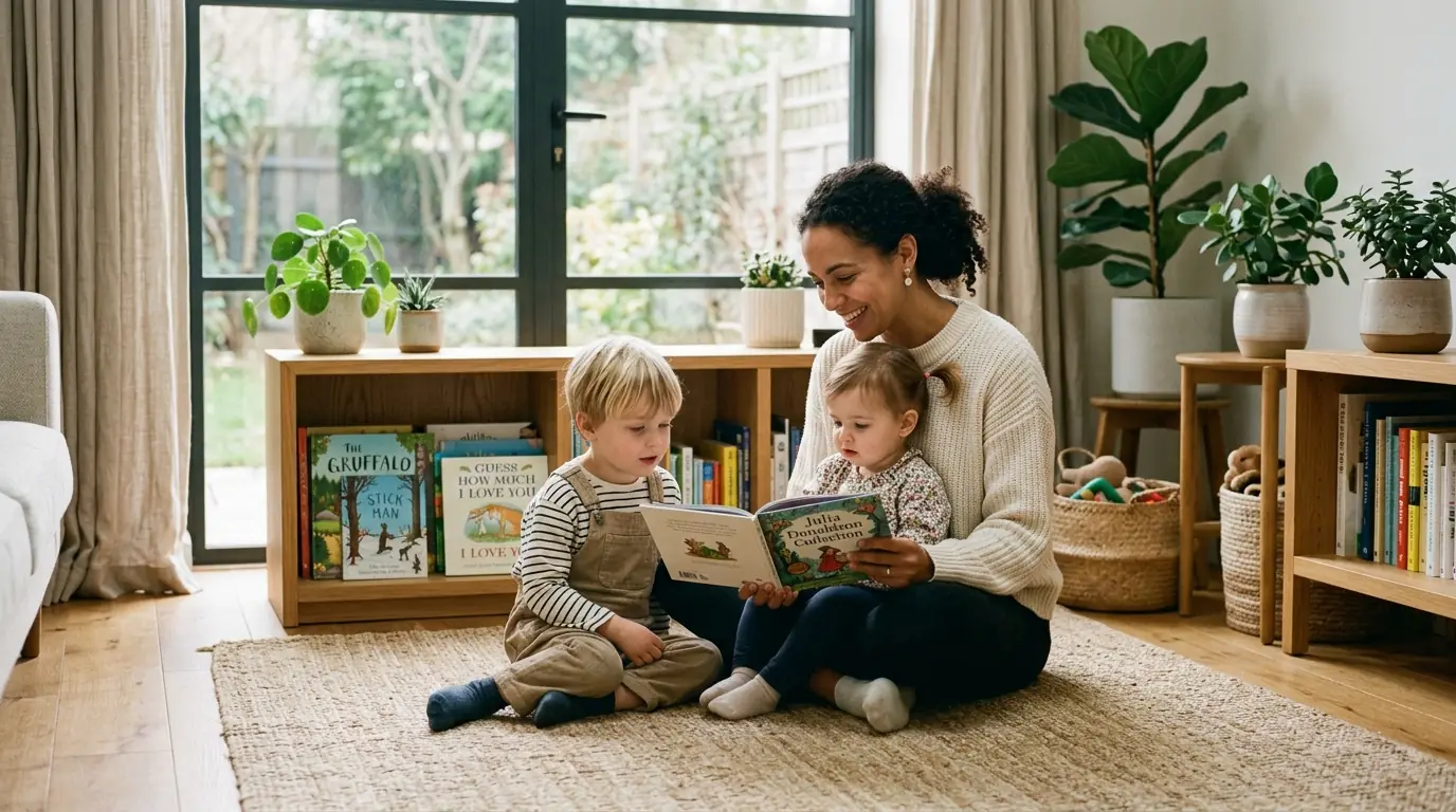Caregiver reading a story to children in a peaceful home setting