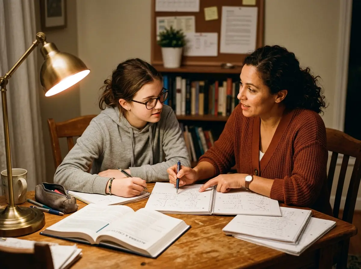 Patient tutor working with student on complex mathematics problems